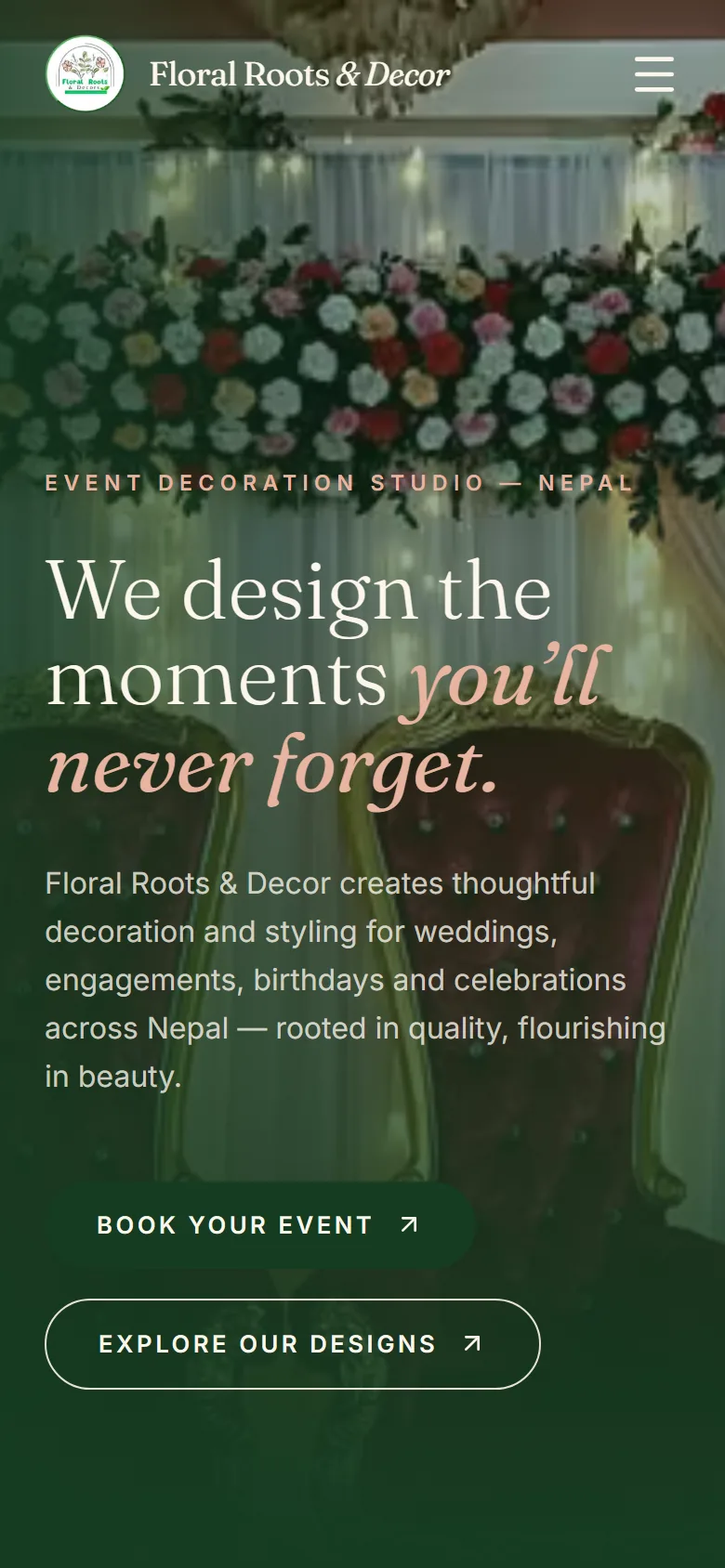 Floral Roots & Decor homepage on a phone
