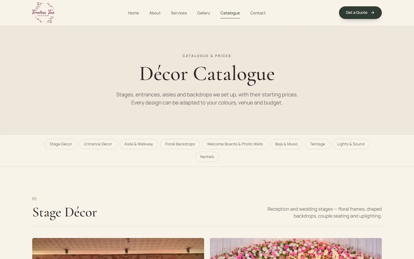 Timeless Ties décor catalogue with category filters such as Stage Décor, Entrance Décor and Lights & Sound